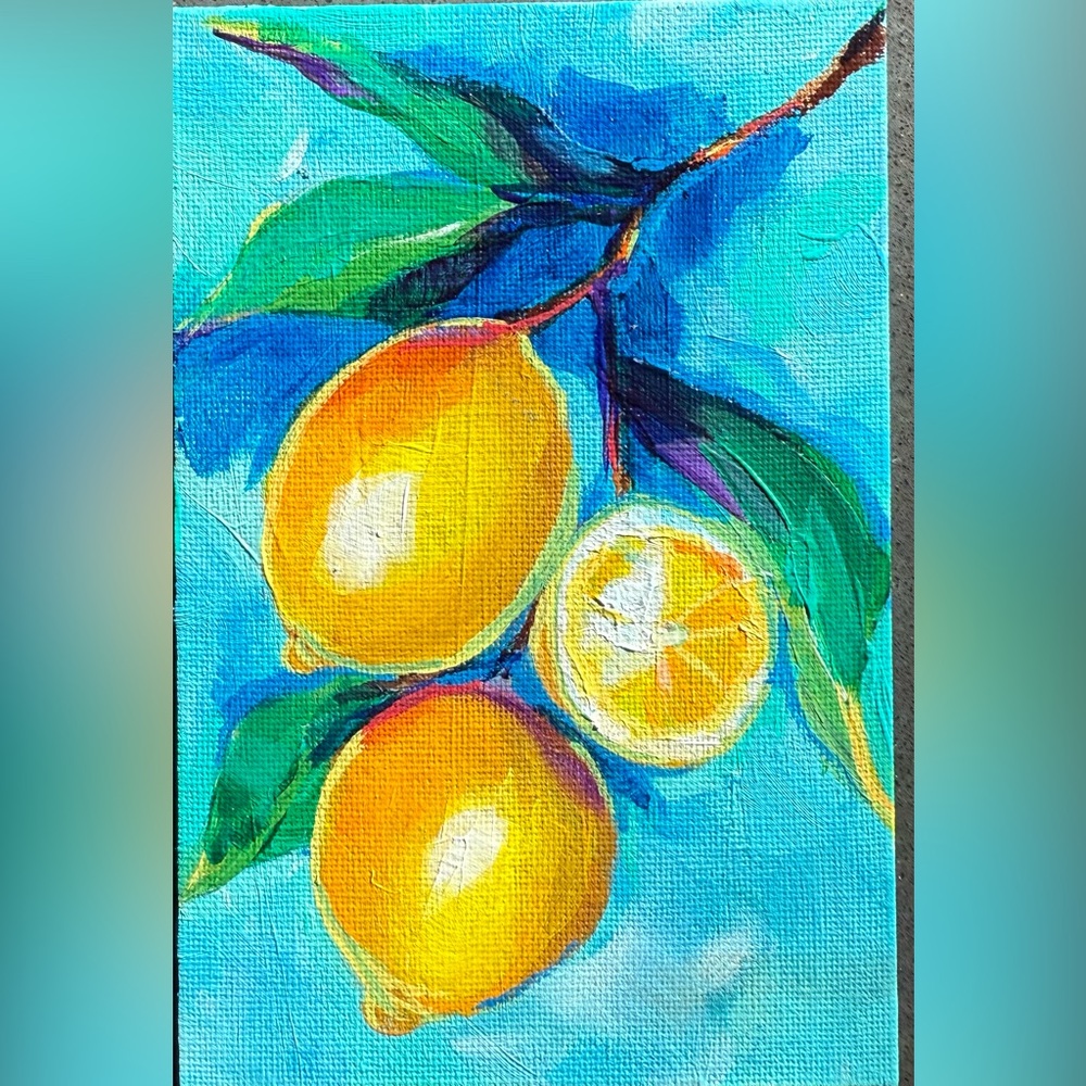 Original oil painting lemons 4x6 mini yellow blue aqua turquoise leafy